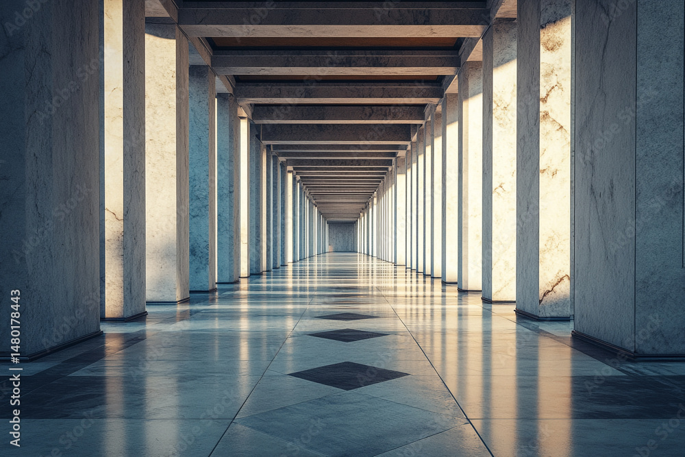 Aufkleber sunlit marble columns line a long hallway creating a perspective effect