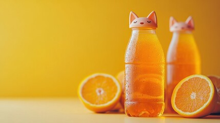Refreshing Citrus Beverage in Cute Cat Bottle with Sliced Oranges Against Bright Yellow Background
