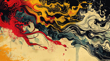 Abstract artwork with swirling patterns of red, yellow, black, and grey on beige
