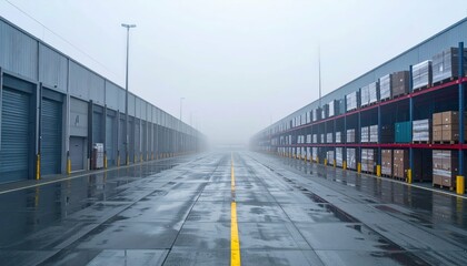 Obraz premium Misty Warehouse with Empty Road and Storage Shelves in Fog