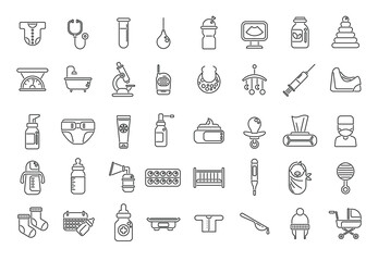 Line drawings of baby products and care items