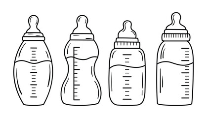 Four baby bottles with measured liquid