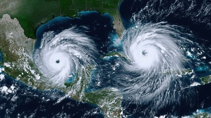 Two Hurricanes Looming Over Gulf of Mexico and Caribbean Sea Satellite View Weather Phenomenon Natural Disaster Climate Change