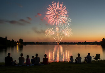Spectators Watching Fireworks Burst Over Calm Lake at Dusk Silhouetted Figures
