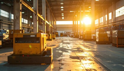 Industrial Warehouse Interior at Sunrise with Machinery and Pallets