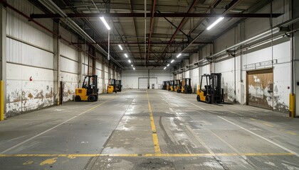 Spacious Warehouse Interior with Forklifts and Empty Pallet Area