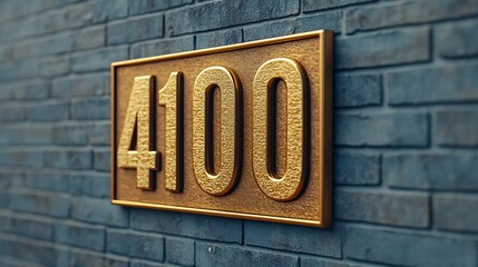A golden address plaque with the number 4100 is mounted on a textured blue brick wall.