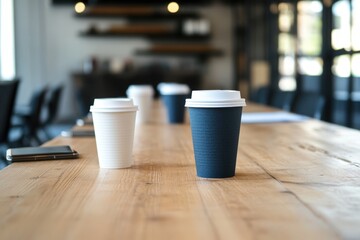 Coffee cups on a wooden table in a modern workspace during the day