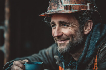 Man in hard hat holding cup.