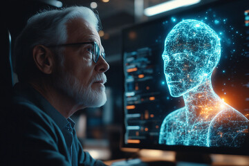 Futuristic AI-generated digital face with holographic data projections and neural network visual effects