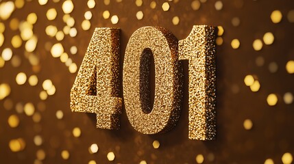 Golden glittery number 401 stands out against a festive, bokeh background with shimmering golden lights.