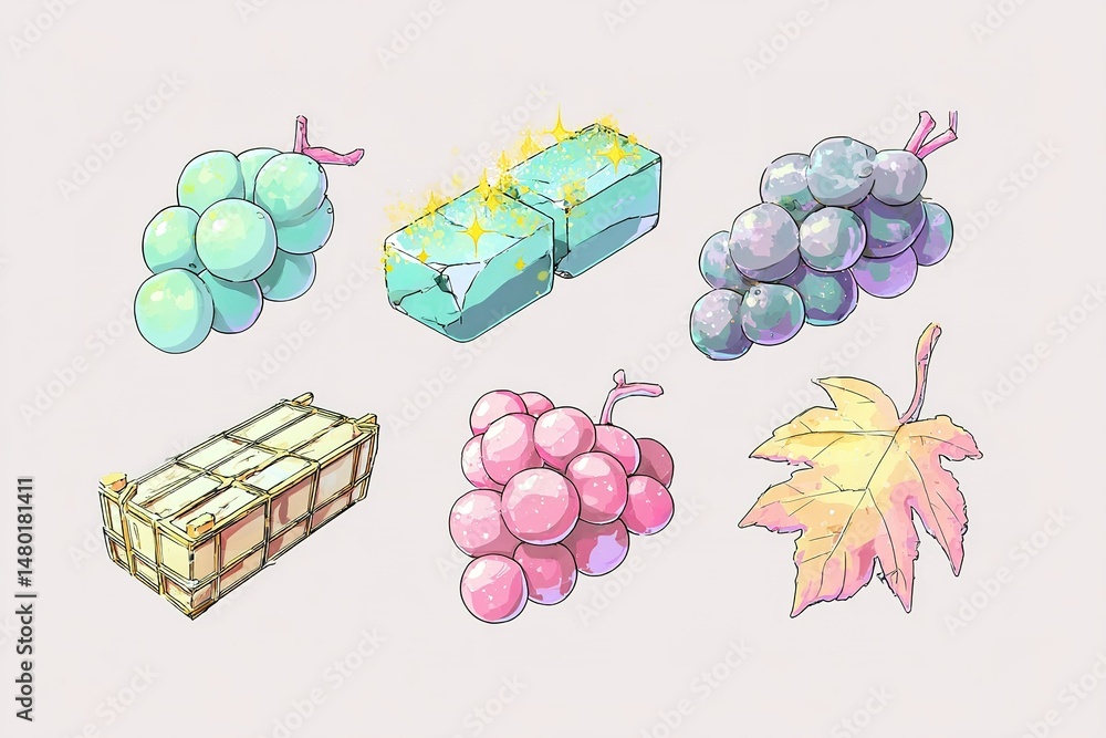 Poster collection of colorful grape varieties and sparkling minerals displayed on a light background