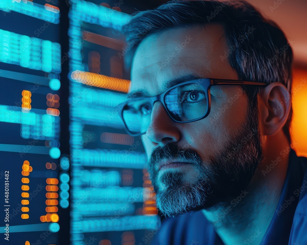Poster a focused man with glasses analyzes data on a glowing computer screen in a dimly lit room.