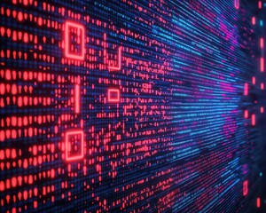 Abstract digital background with glowing binary code in red and blue, representing data or technology concepts.