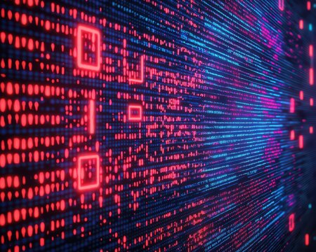 Abstract digital background with glowing binary code in red and blue, representing data or technology concepts.
