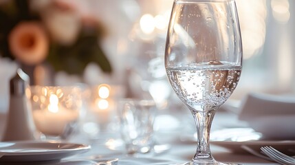 Sparkling Water Glass on Elegant Table Setting with Soft Lighting