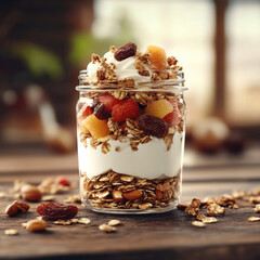 Layered parfait in a jar with granola, yogurt, and fruit on a wooden table