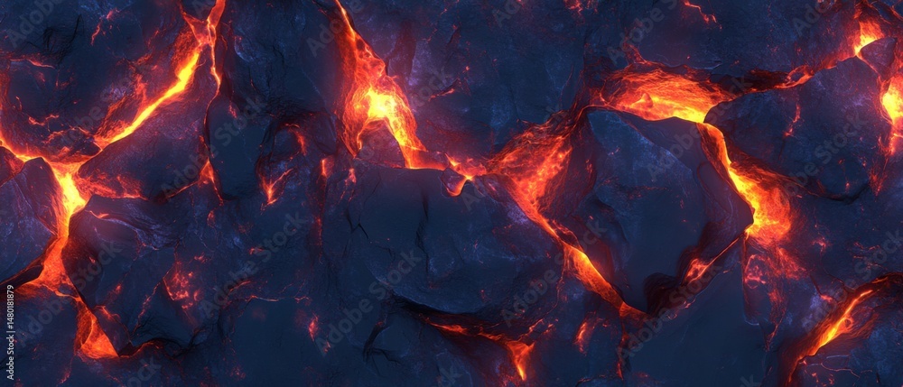 Poster close-up view of molten lava flowing between dark rocks creating a fiery landscape abstract geology 
