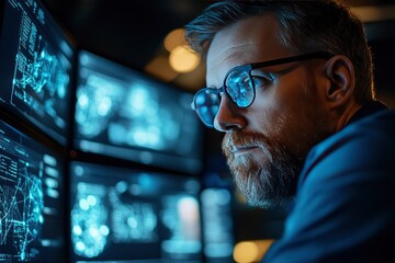 Focused professional analyzing complex data on multiple screens in a modern office environment