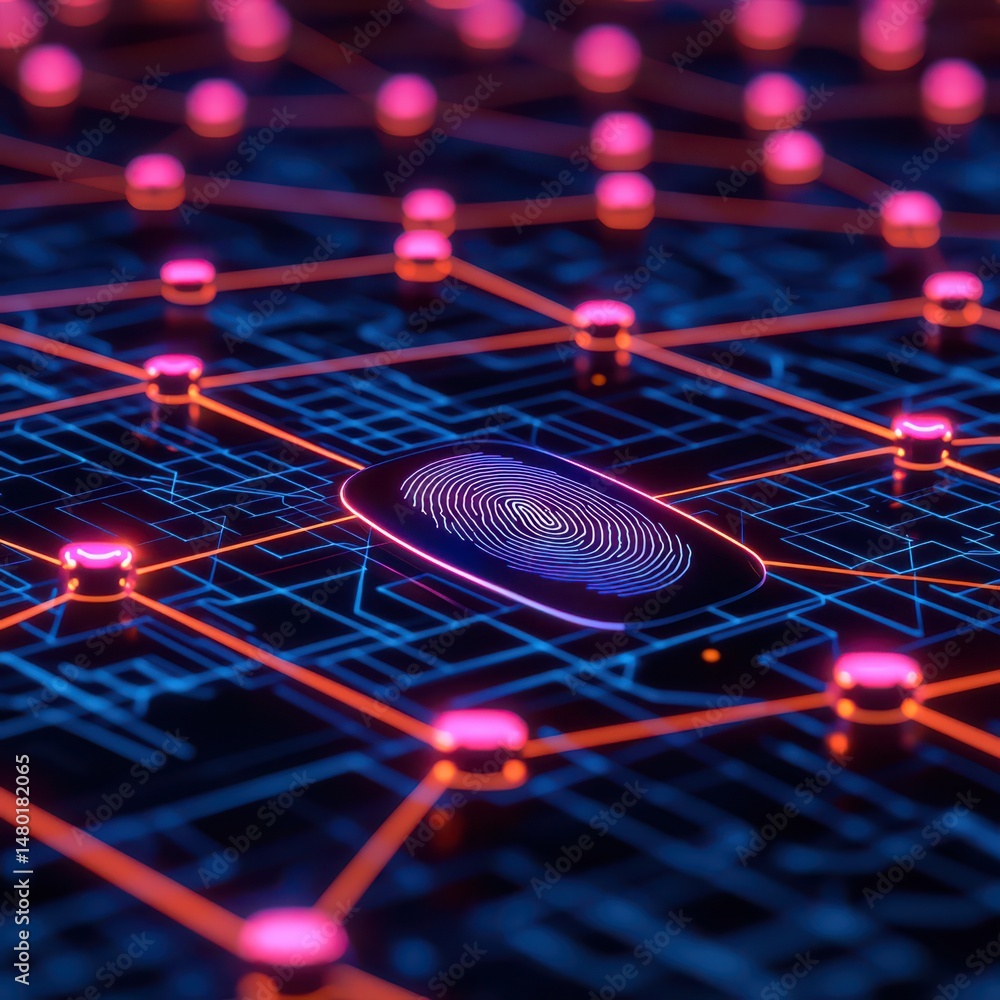 Poster a glowing fingerprint at the center of a digital network, representing cybersecurity, data protectio