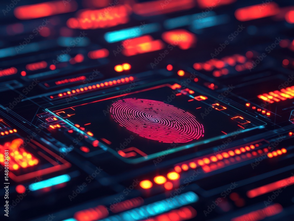 Poster a glowing fingerprint scan on a futuristic digital interface, highlighting cybersecurity and biometr