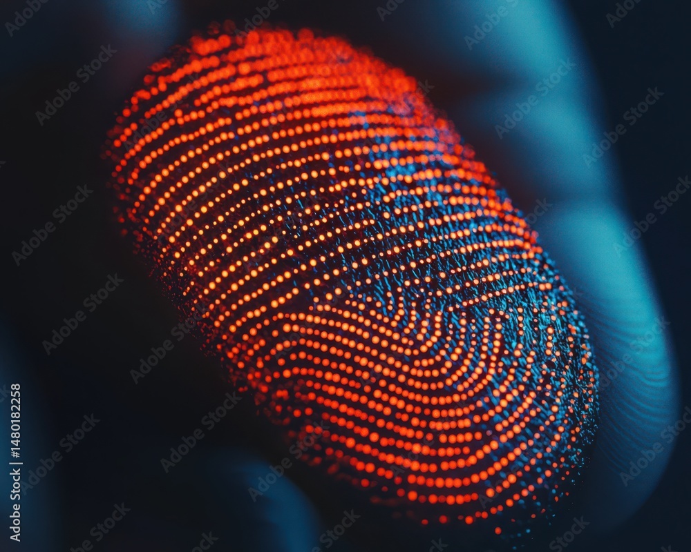 Poster a close-up of a glowing fingerprint with digital dots, symbolizing biometric technology and security