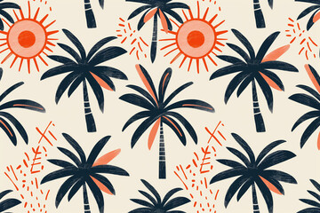 Tropical pattern with dark palm trees and orange suns, repeat on beige backdrop