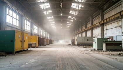Obraz premium Abandoned Warehouse with Dust and Light in Industrial Setting