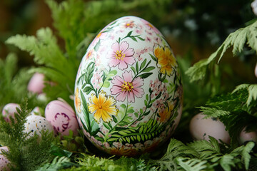 Fototapeta premium Decorated Easter egg nestled in greenery featuring pink and yellow flowers