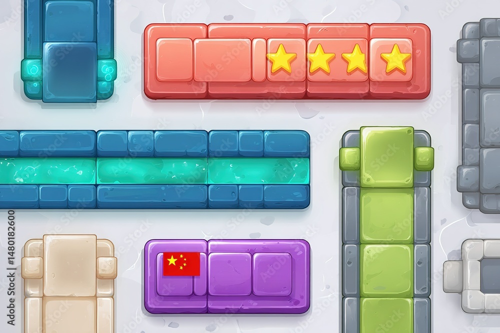 Poster colorful puzzle blocks arranged on a light surface create a visually captivating challenge for playe