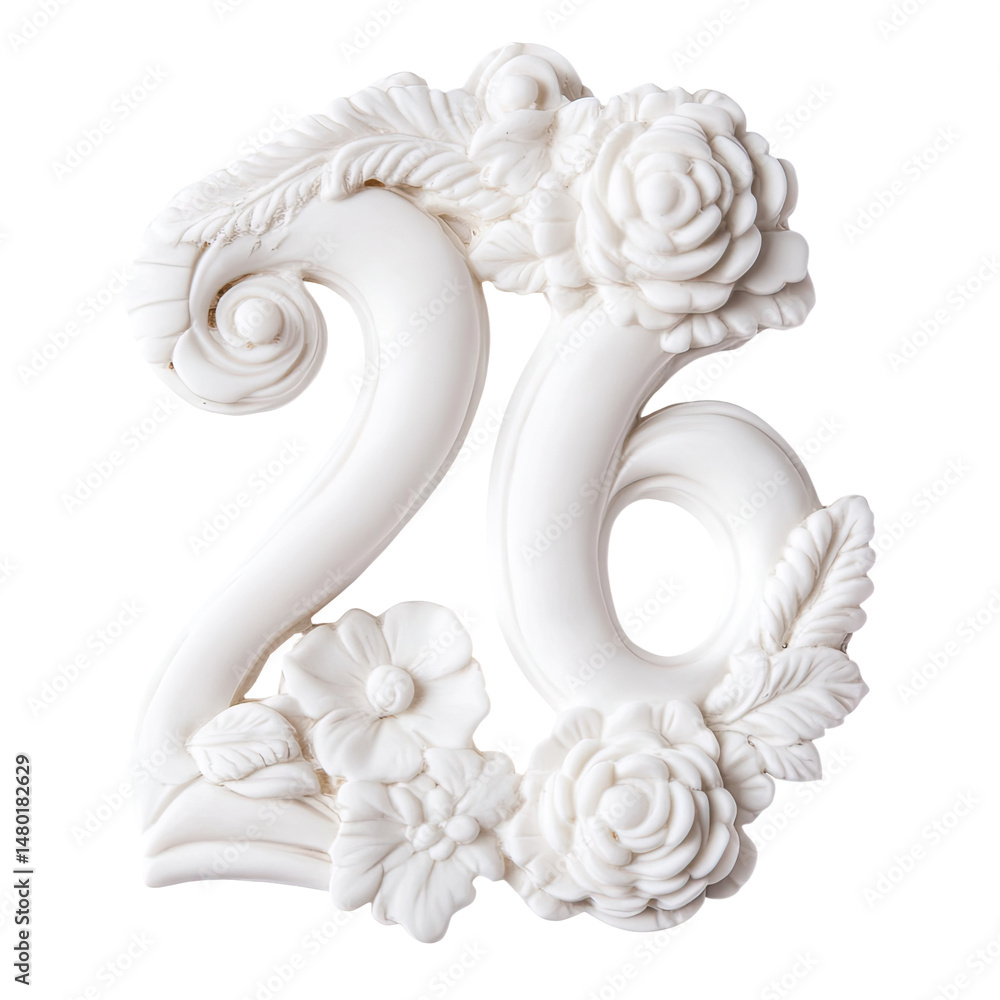 Poster elegant white floral number twenty-six design with intricate details and transparent background perf