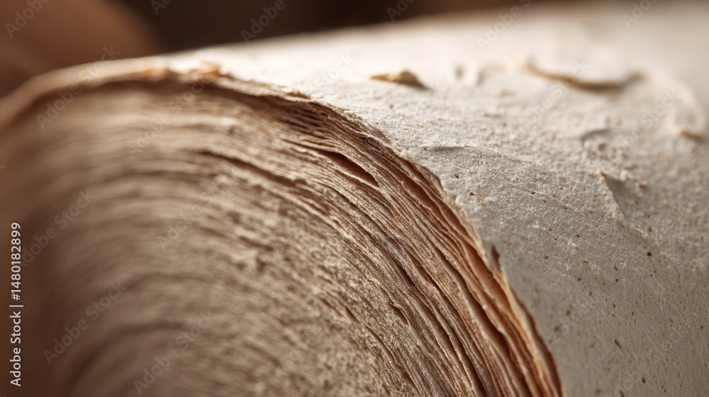 Poster close up of a rolled stack of handmade paper sheets brown textured surface