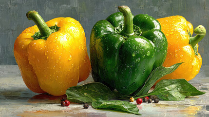 Still life of colorful bell peppers with water droplets and peppercorns