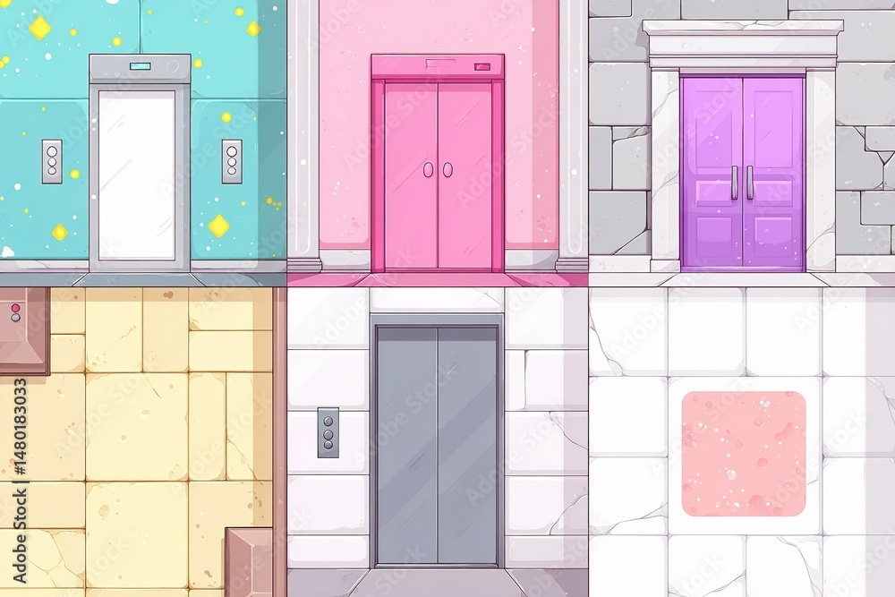 Aufkleber various colorful elevator designs in a modern building setting featuring different wall textures and