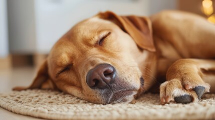 A brown dog sleeps peacefully on a cozy rug indoors, capturing a serene and comfortable moment.