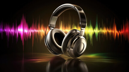 Sleek, silver headphones centered against a vibrant, multi-colored sound wave backdrop
