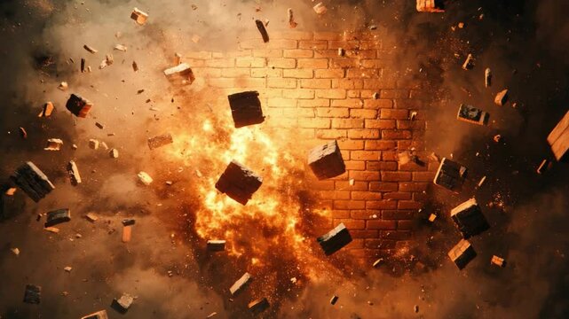 Dramatic Explosion with Debris and Flames Erupting from a Brick Wall in a Dark Environment 4k video footage