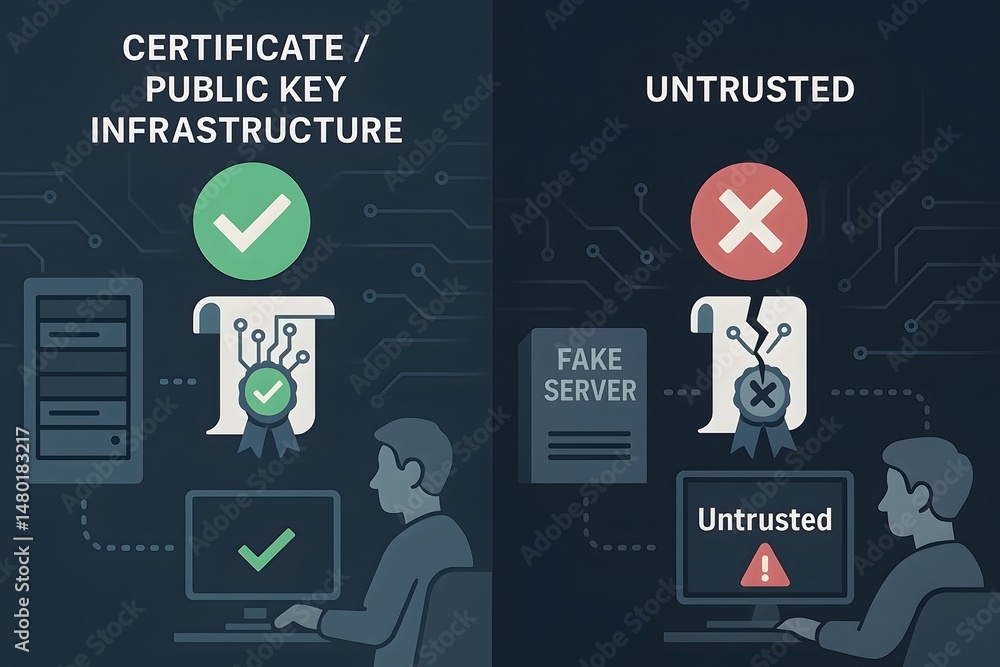 Poster certificate public key infrastructure secured and untrusted digital concepts illustrating cybersecur