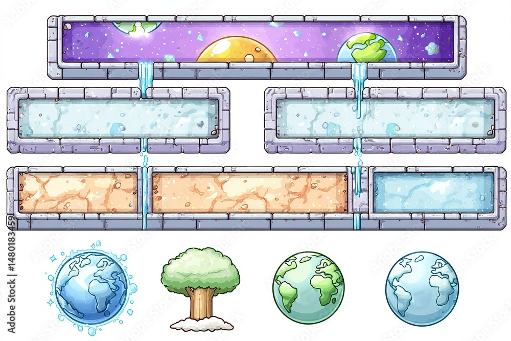 Poster colorful digital background elements depicting planets and nature with a playful design and various 