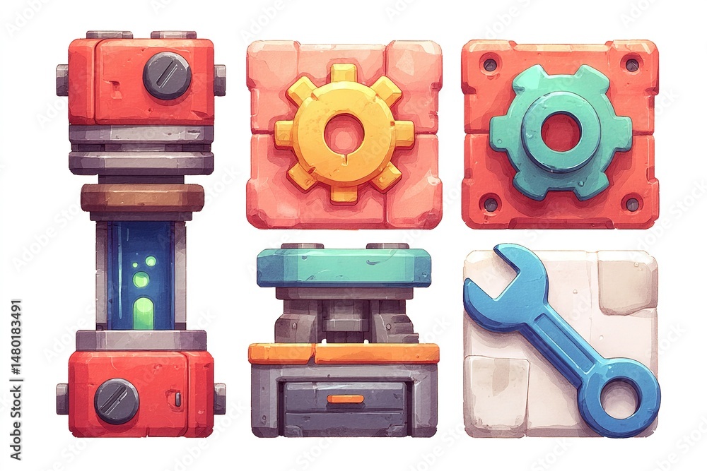 Poster colorful mechanical components designed for a puzzle game set in a whimsical world