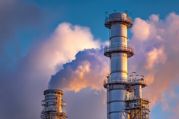 Industrial chimney with emission control system under blue sky, showcasing environmental engineering technology.