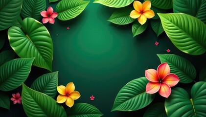 Lush green tropical foliage, vibrant leaves and flowers , summer, natural, palm leaves
