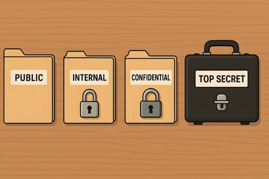 Conceptual illustration of data classification with public internal confidential and top secret information represented by folders and a briefcase for cybersecurity awareness