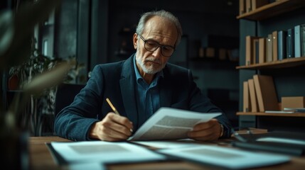 Senior Man Reviewing Documents at Desk