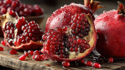 Juicy pomegranates, split open, revealing glistening red arils, on wooden surface