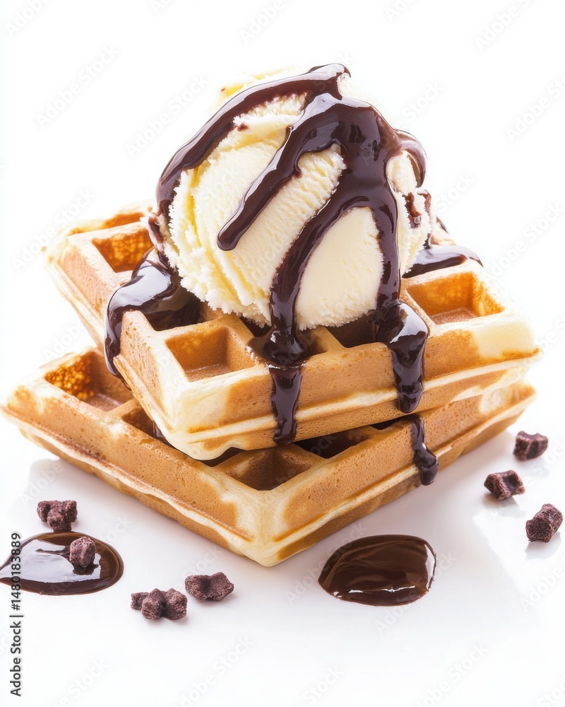 Poster stack of waffles topped with vanilla ice cream and chocolate syrup in studio shot on white backgroun