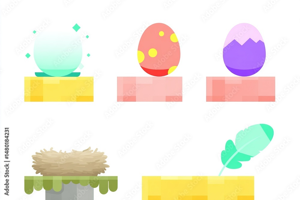 Poster colorful decorative eggs and nest displayed on platforms in a whimsical setting during springtime