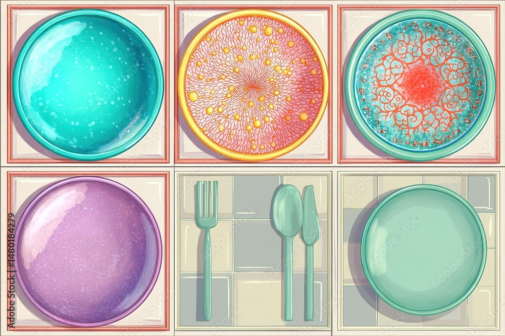 Poster colorful ceramic plates and cutlery displayed on a vibrant table setting with various patterns and t