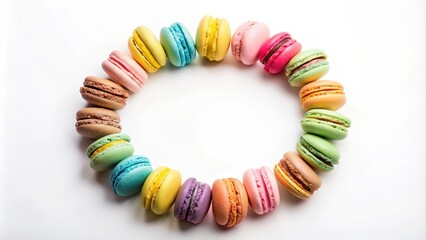 Obraz premium A circle of colorful macarons arranged on a pristine white background, showcasing a delightful array of pastel hues and delicate textures.