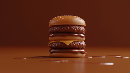 Stacked chocolate burger with cheese. Chocolate sauce drips on a brown background
